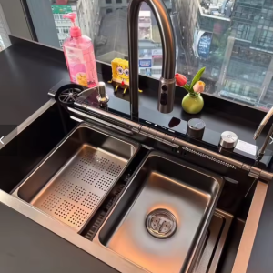 Double waterfall single bowl sink handmade stainless steel durable and scratch resistant smart kitchen Hanicom sink