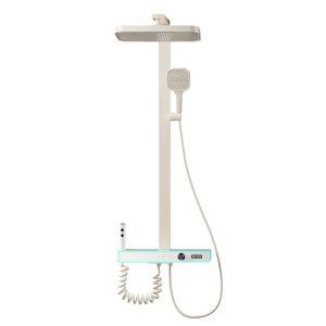 Modern smart shower panel with digital temperature display, concealed down-spout and rainfall shower system